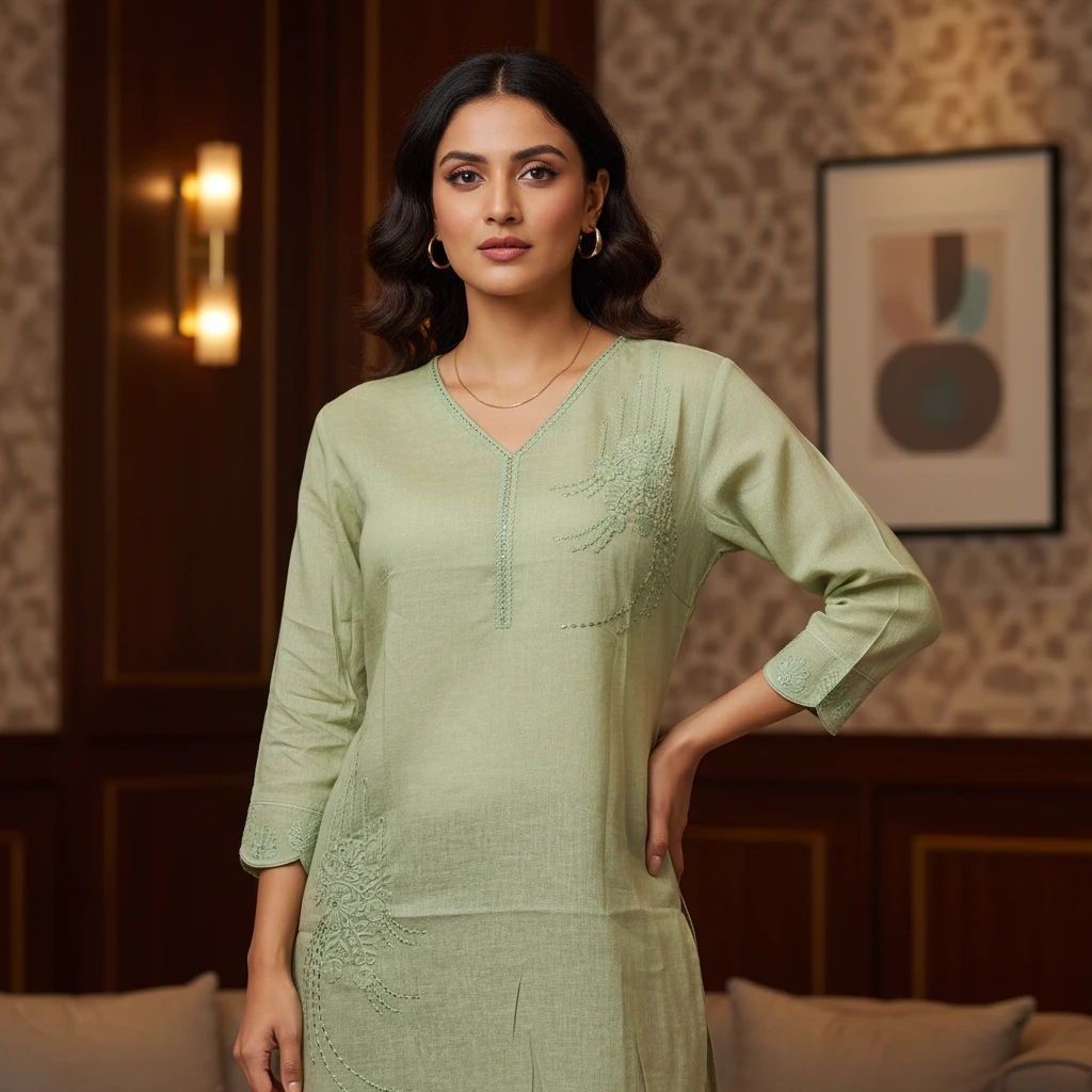 premium-linen-embroidered-short-kurti-for-women-elegant-office-wear-comfortable-daily-wear-v-neck-designer-kurti